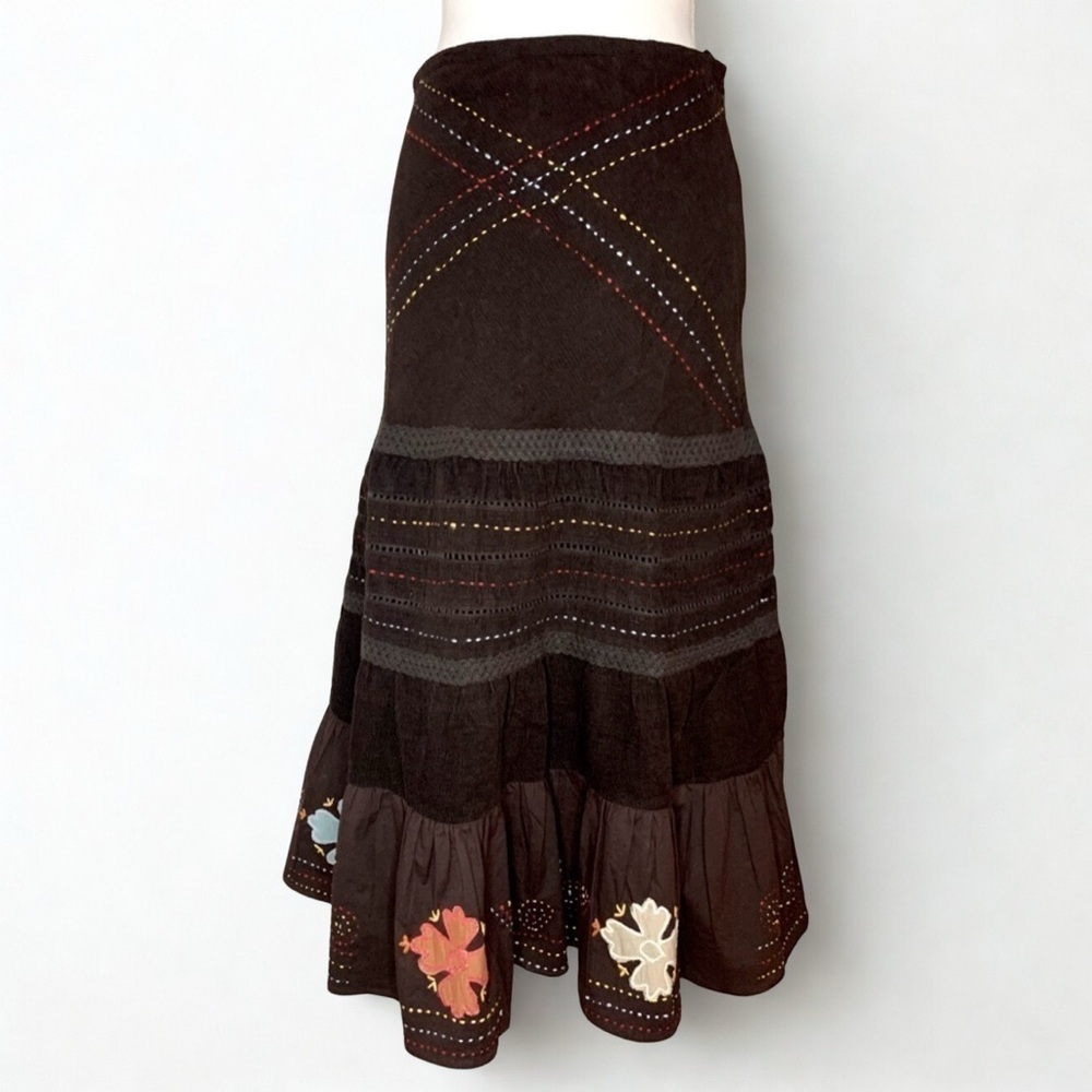 RAGA Women’s Embroidered‎ Corduroy Brown Midi Skirt XS